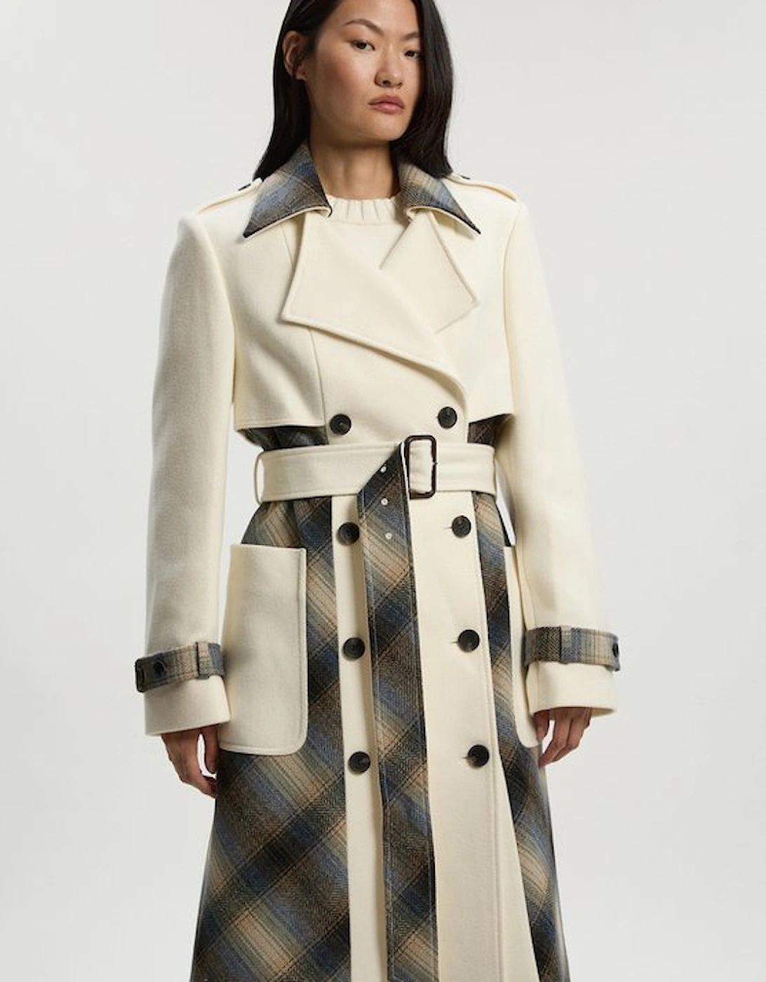 Wool Check Tailored Belted Trench Midi Coat
