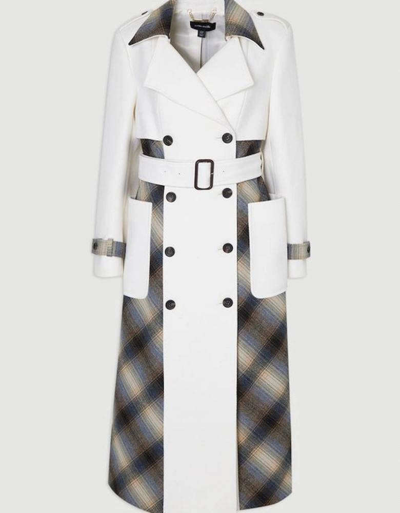 Wool Check Tailored Belted Trench Midi Coat