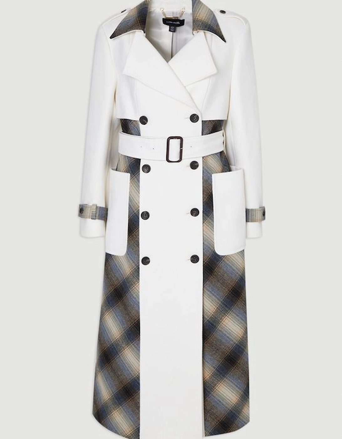 Wool Check Tailored Belted Trench Midi Coat