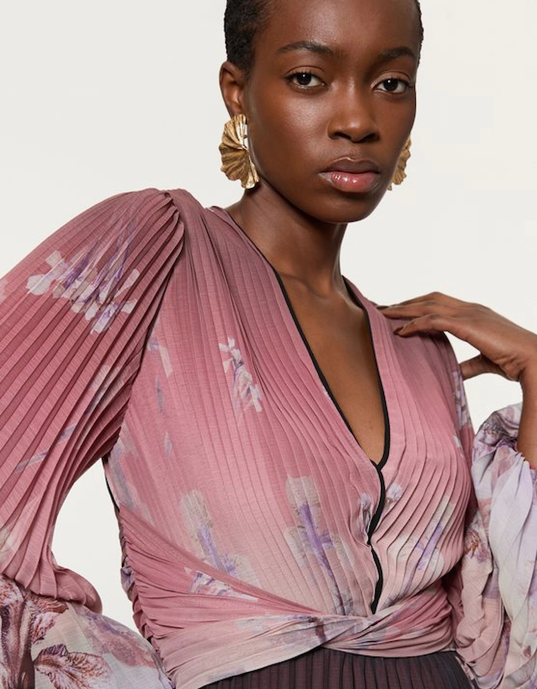 Crinkle Pleat Border Floral Balloon Sleeve Woven Maxi Dress