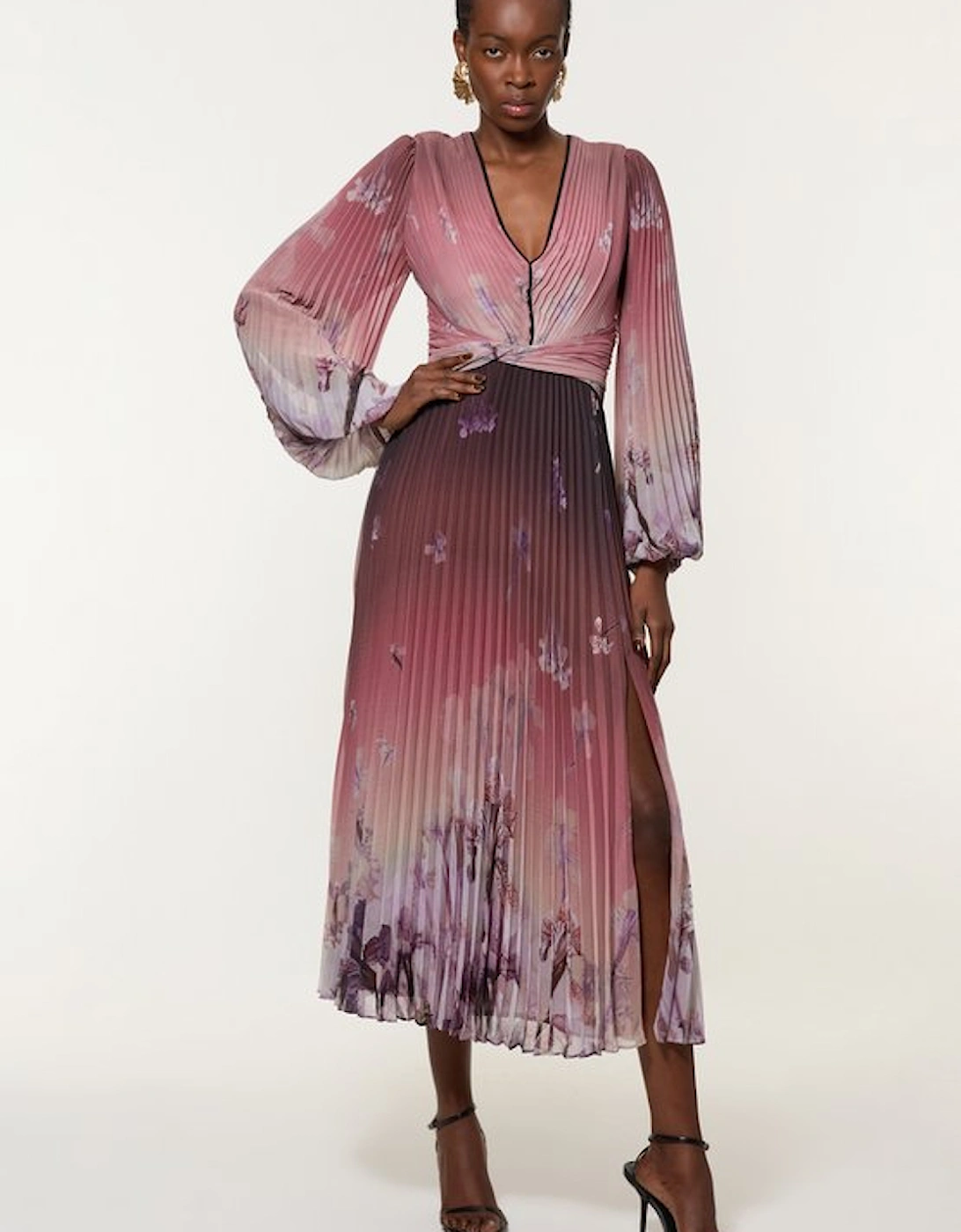 Crinkle Pleat Border Floral Balloon Sleeve Woven Maxi Dress, 5 of 4