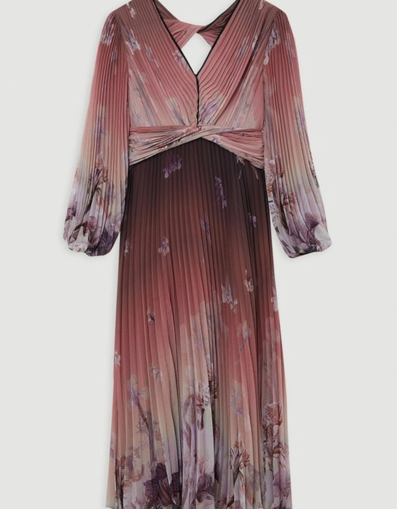 Crinkle Pleat Border Floral Balloon Sleeve Woven Maxi Dress