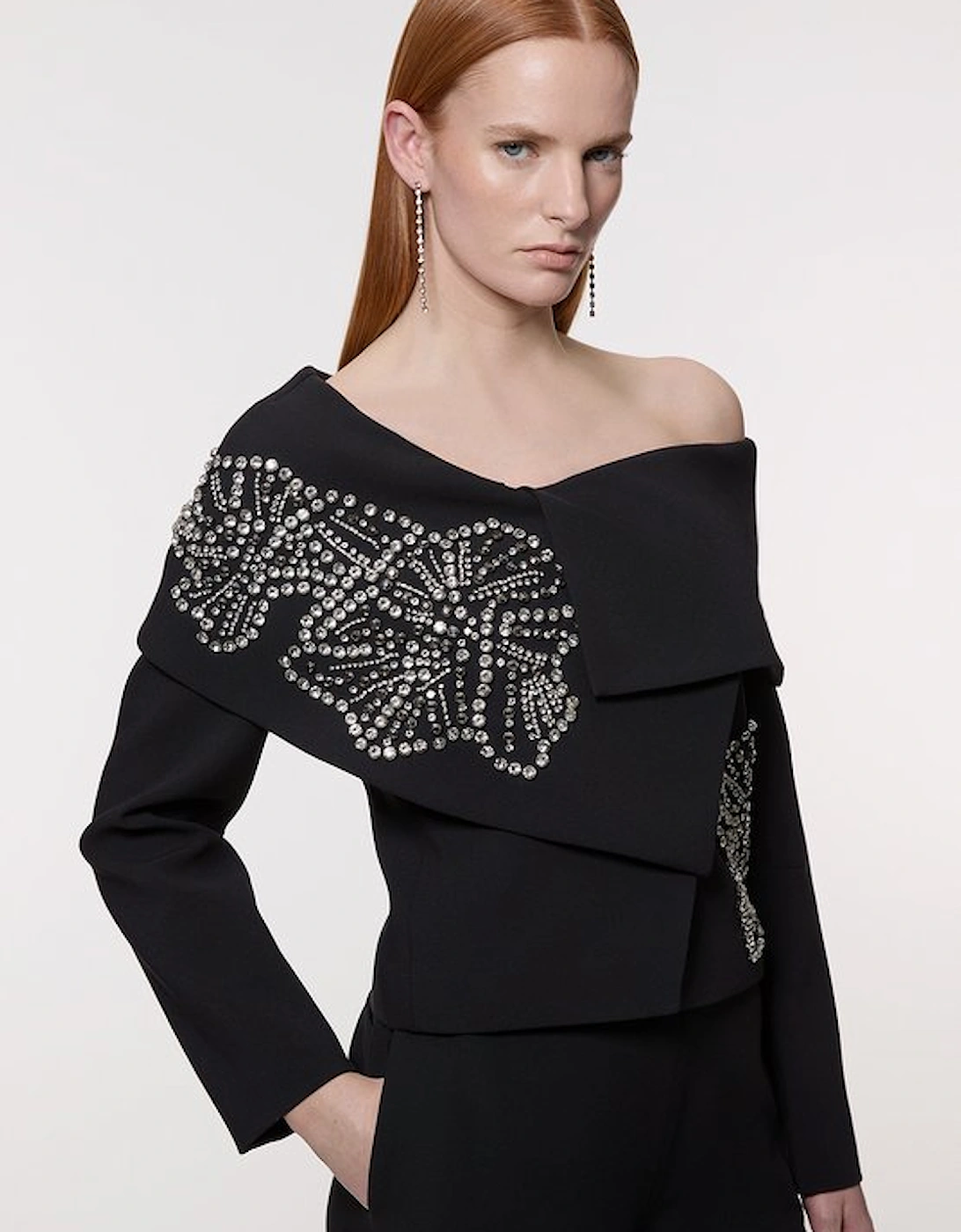 Placed Floral Crystal Embellished Tailored Asymmetric Jacket, 5 of 4