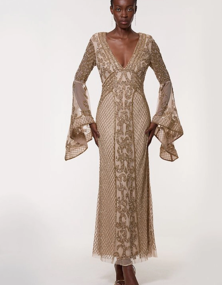 Premium Embellished Kimono Sleeve Beaded Woven Maxi Dress