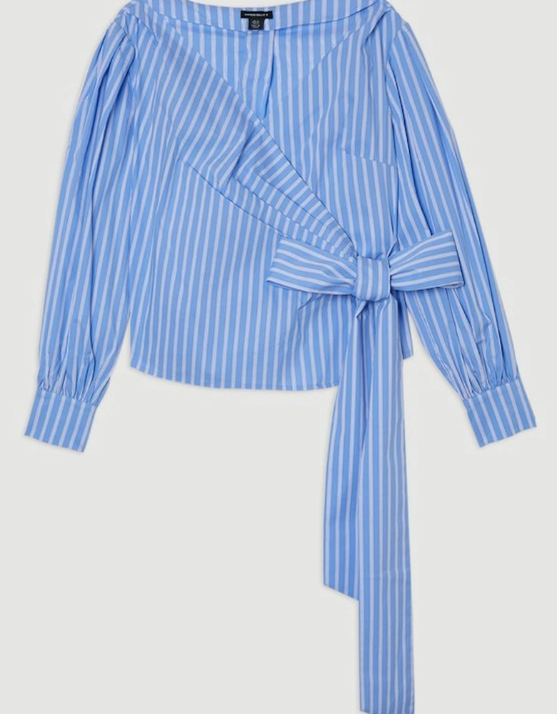 Stripe Cotton Poplin Cold Shoulder Woven Wrap Detail Blouse