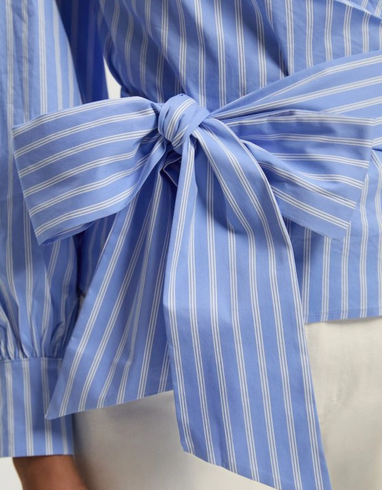 Stripe Cotton Poplin Cold Shoulder Woven Wrap Detail Blouse