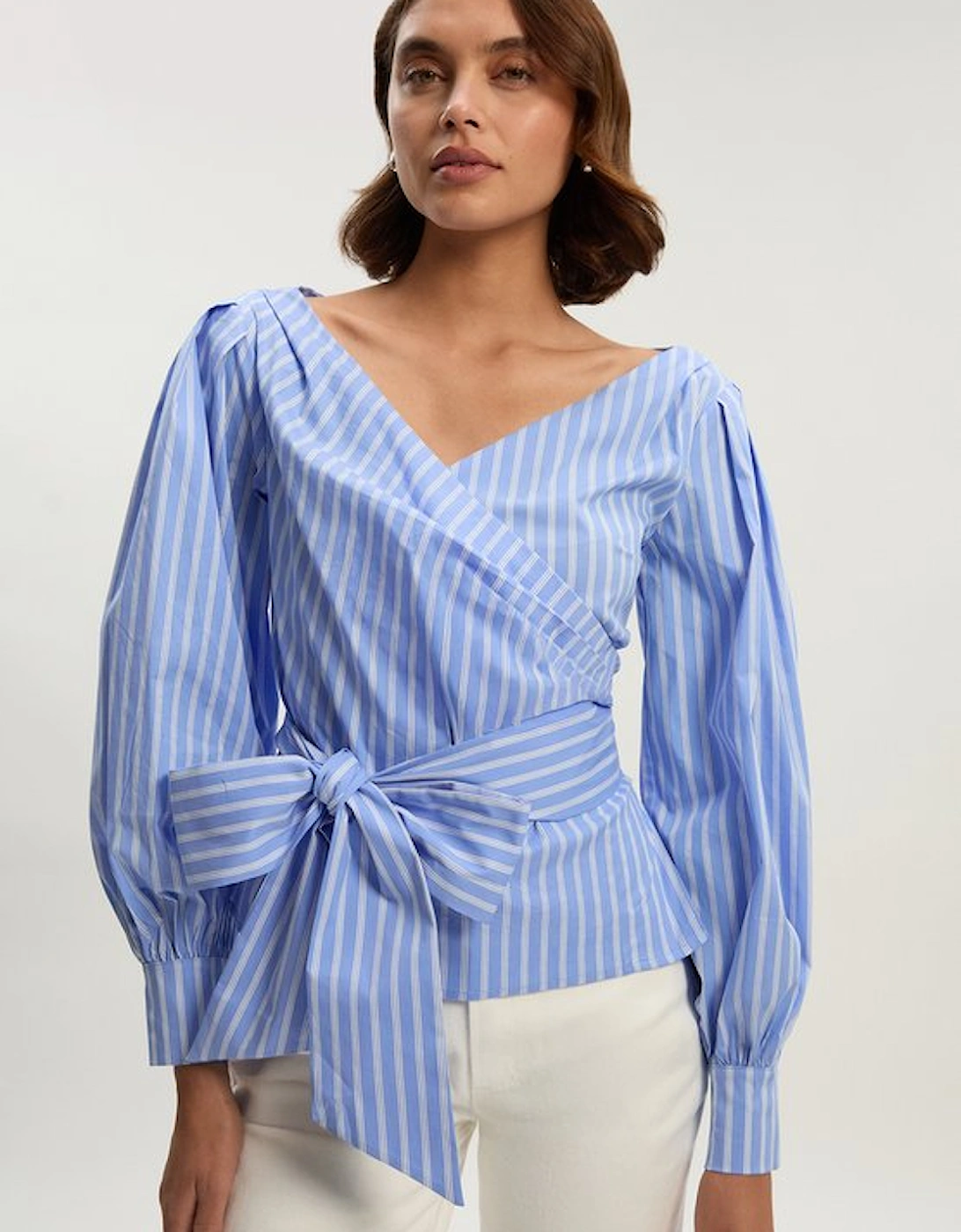 Stripe Cotton Poplin Cold Shoulder Woven Wrap Detail Blouse
