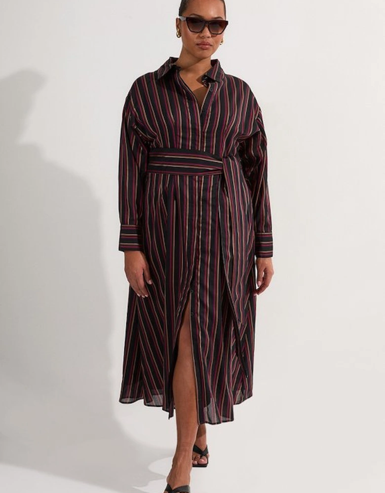 Plus Size Premium Cotton Tailored Belted Shirt Maxi Dress