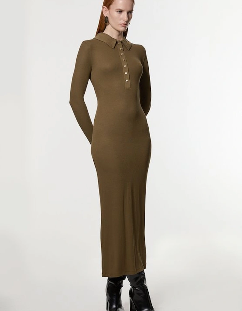 Viscose Rib Jersey Long Sleeve Collared Midi Dress
