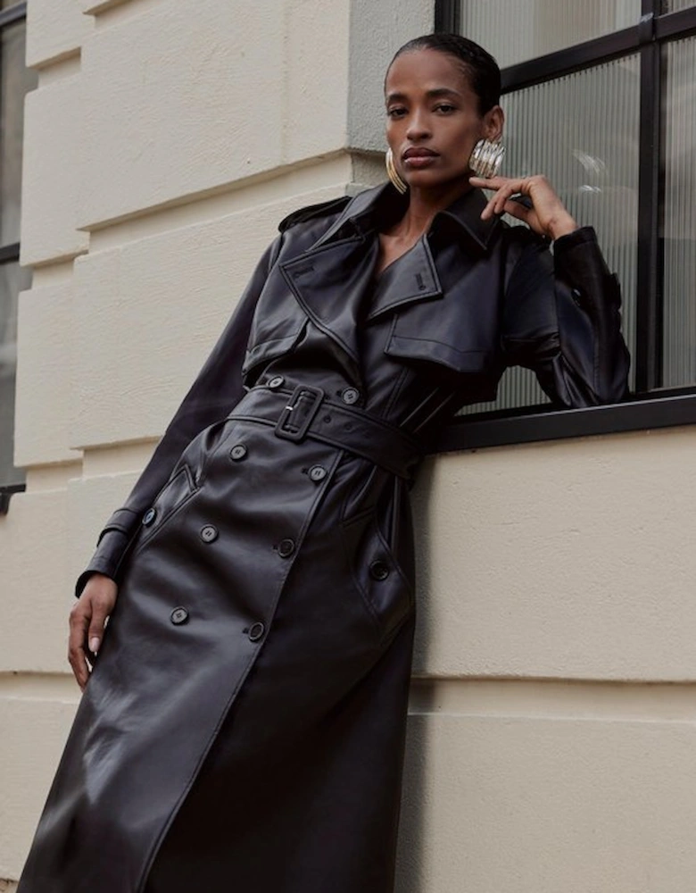Tailored Faux Leather Belted Trench Coat