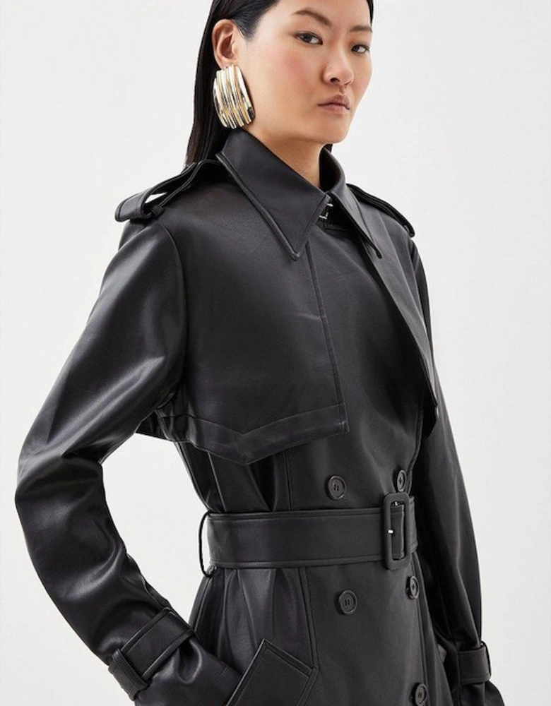 Tailored Faux Leather Belted Trench Coat