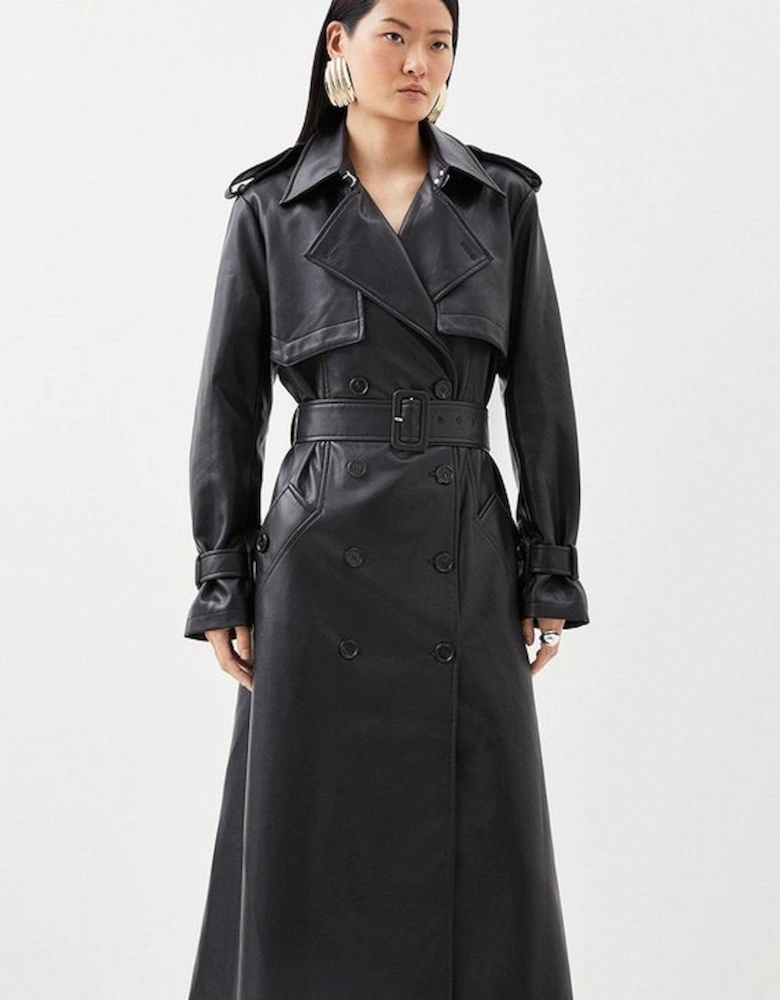 Tailored Faux Leather Belted Trench Coat