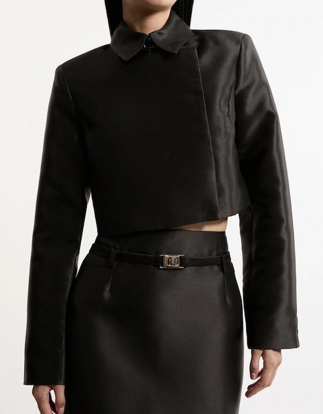 Satin Twill Cropped Wrap Tailored Jacket