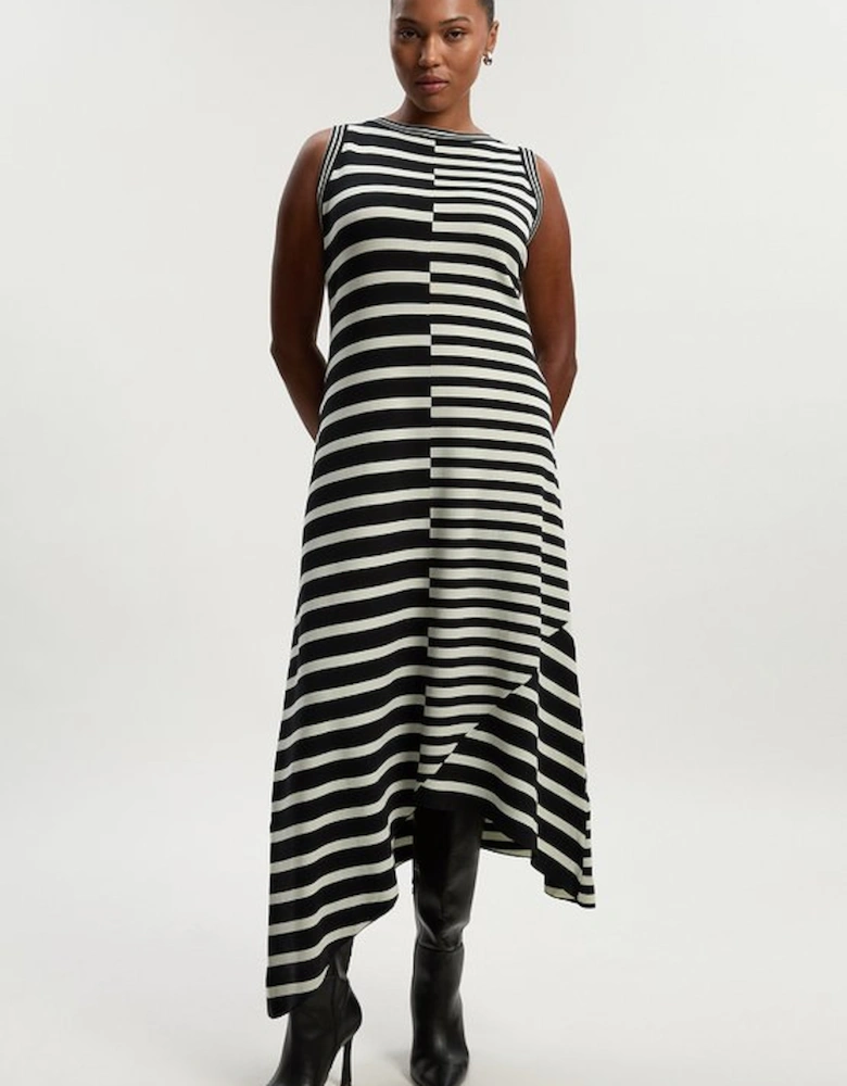 Plus Size Asymmetric Hem Cut About Stripe Sleeveless Knitted Midi Dress
