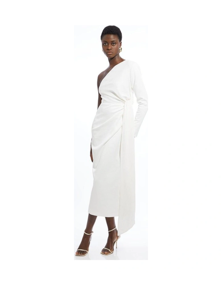 Satin Back Crepe One Shoulder Drape Midi Dress