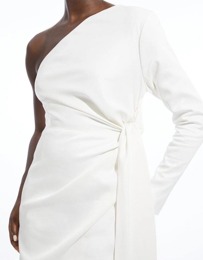 Satin Back Crepe One Shoulder Drape Midi Dress