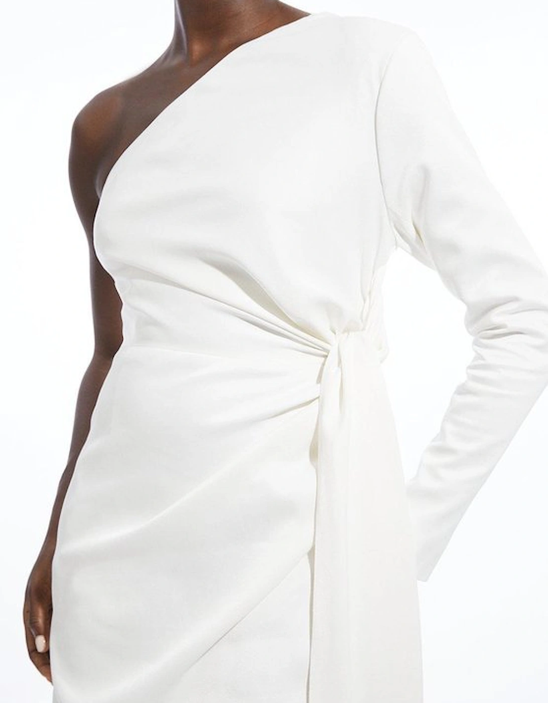 Satin Back Crepe One Shoulder Drape Midi Dress