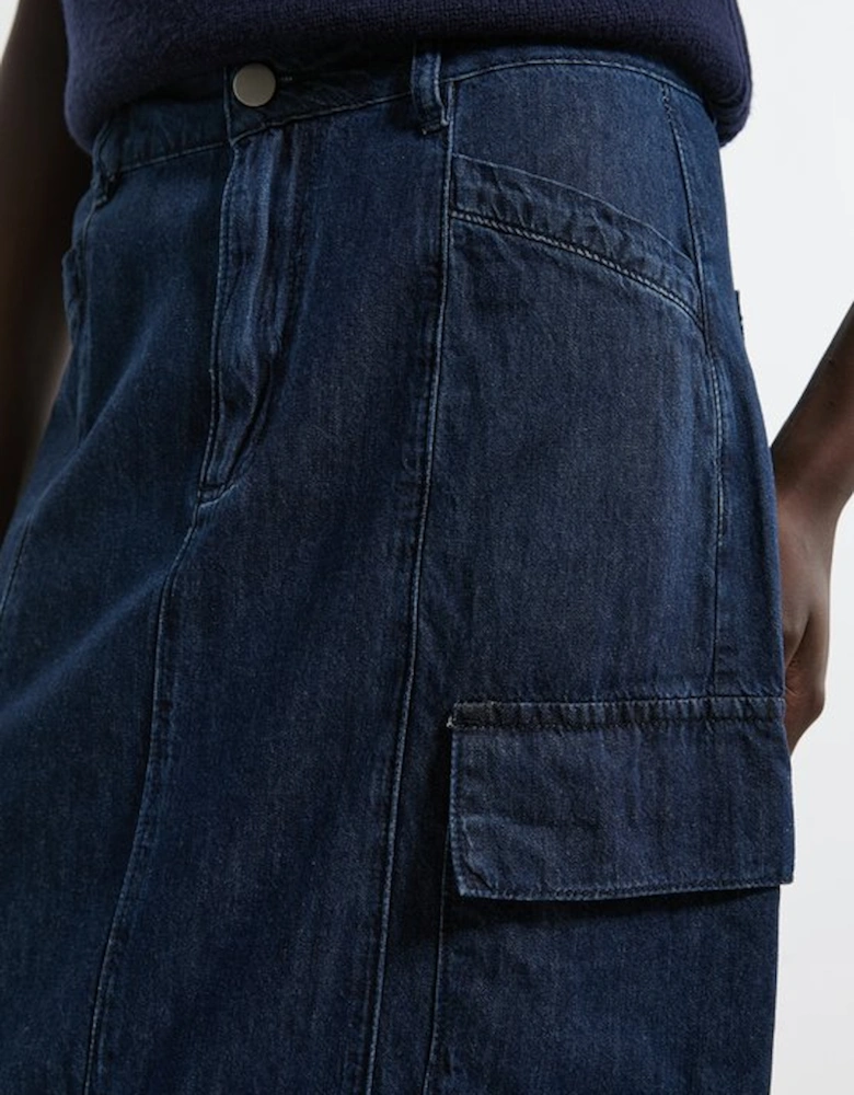Denim Woven Cargo Pocket Tailored Midi Skirt