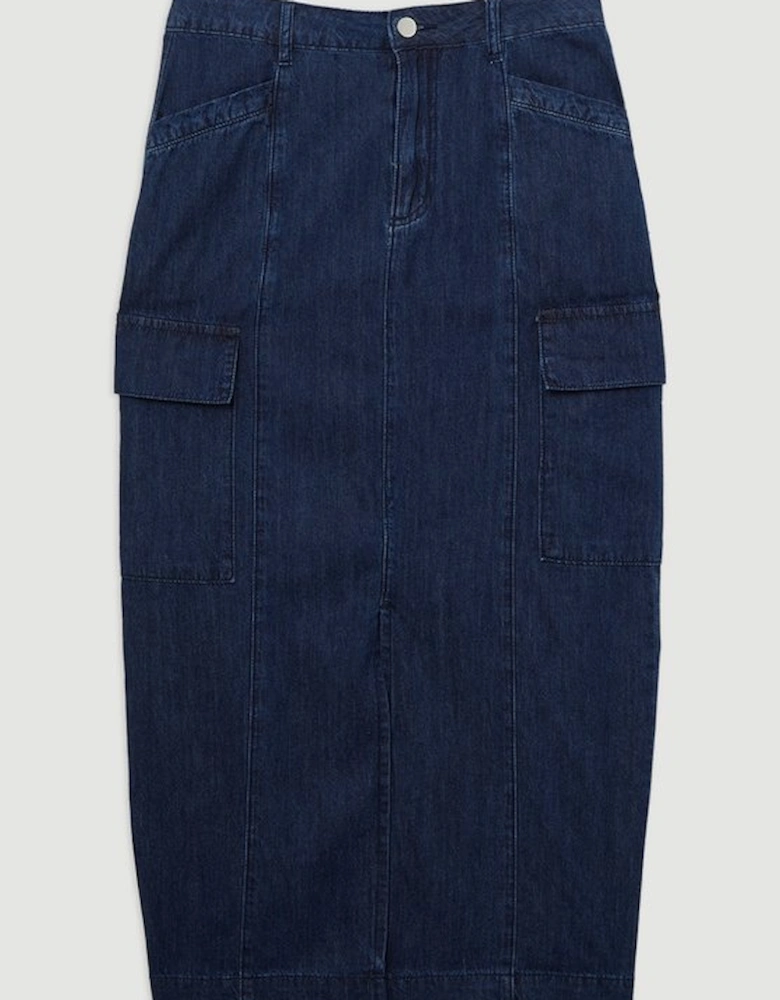 Denim Woven Cargo Pocket Tailored Midi Skirt