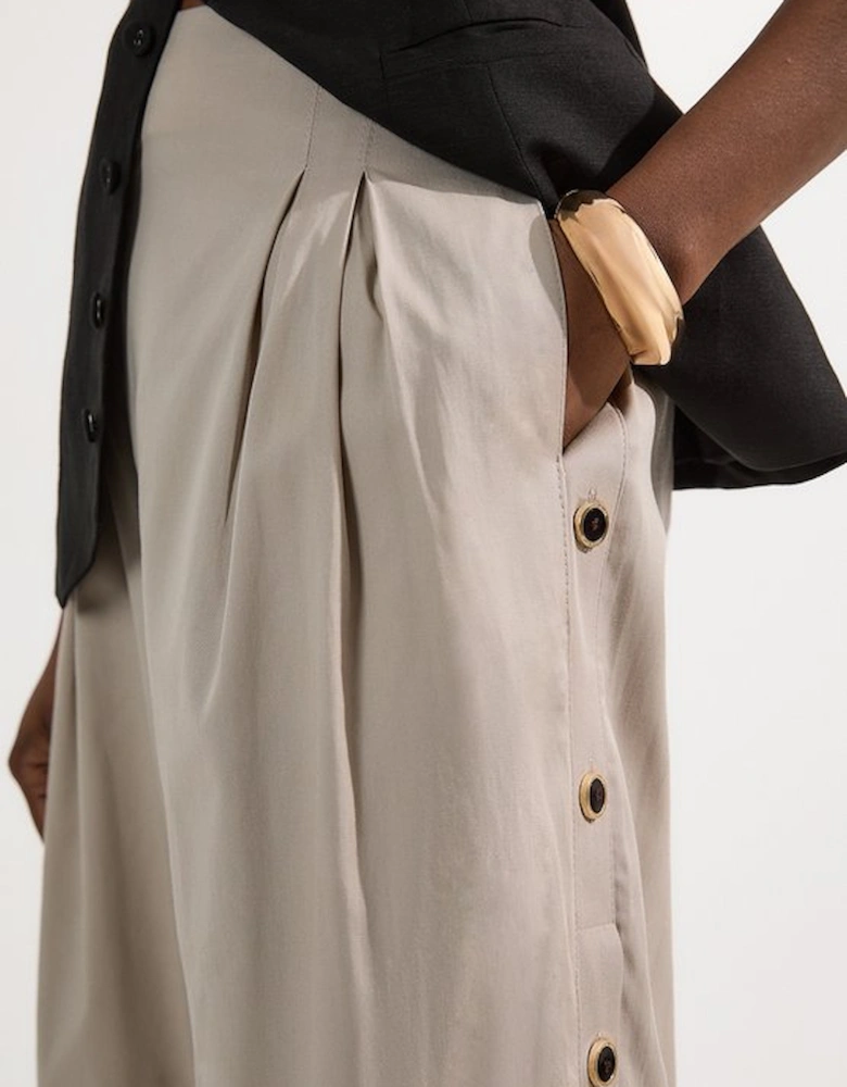 Tailored Polished Cotton Button Side Wide Leg Trousers