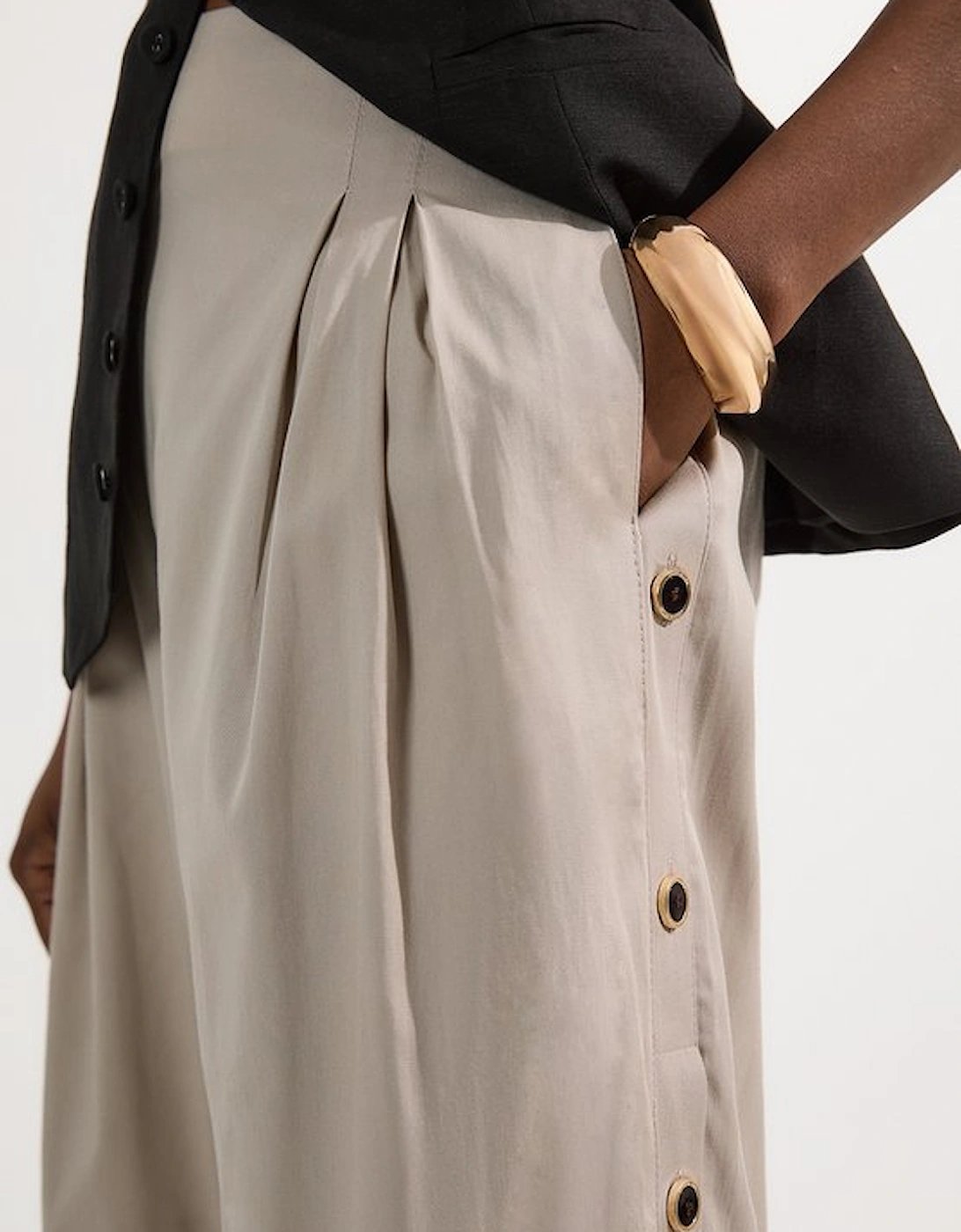 Tailored Polished Cotton Button Side Wide Leg Trousers