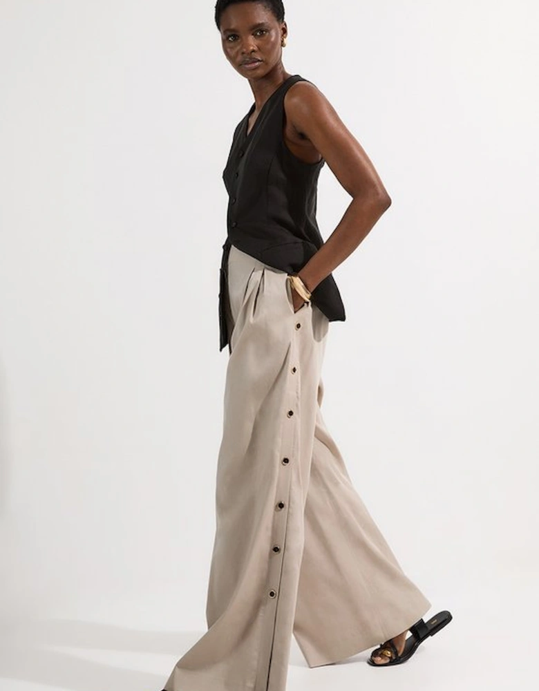 Tailored Polished Cotton Button Side Wide Leg Trousers