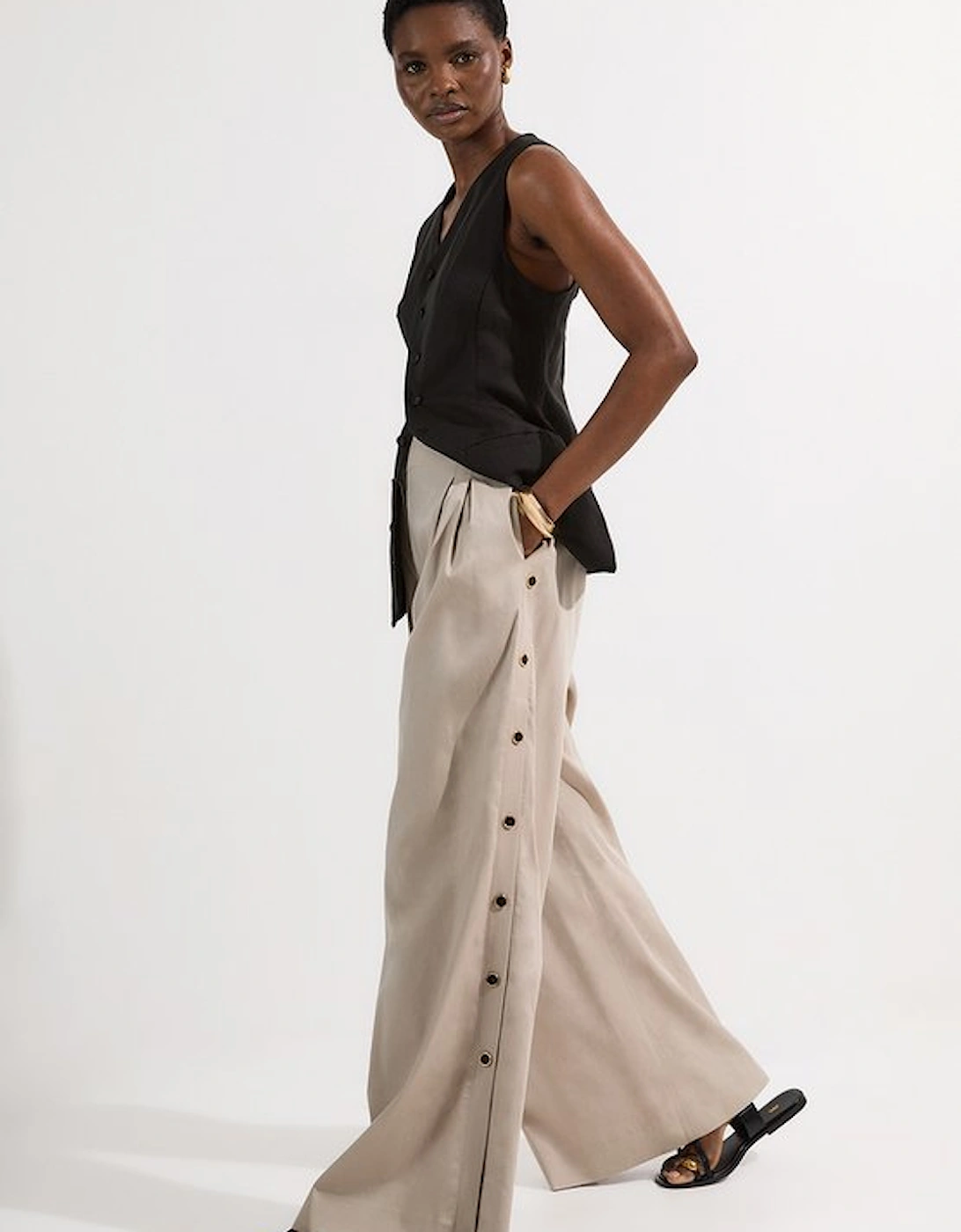Tailored Polished Cotton Button Side Wide Leg Trousers