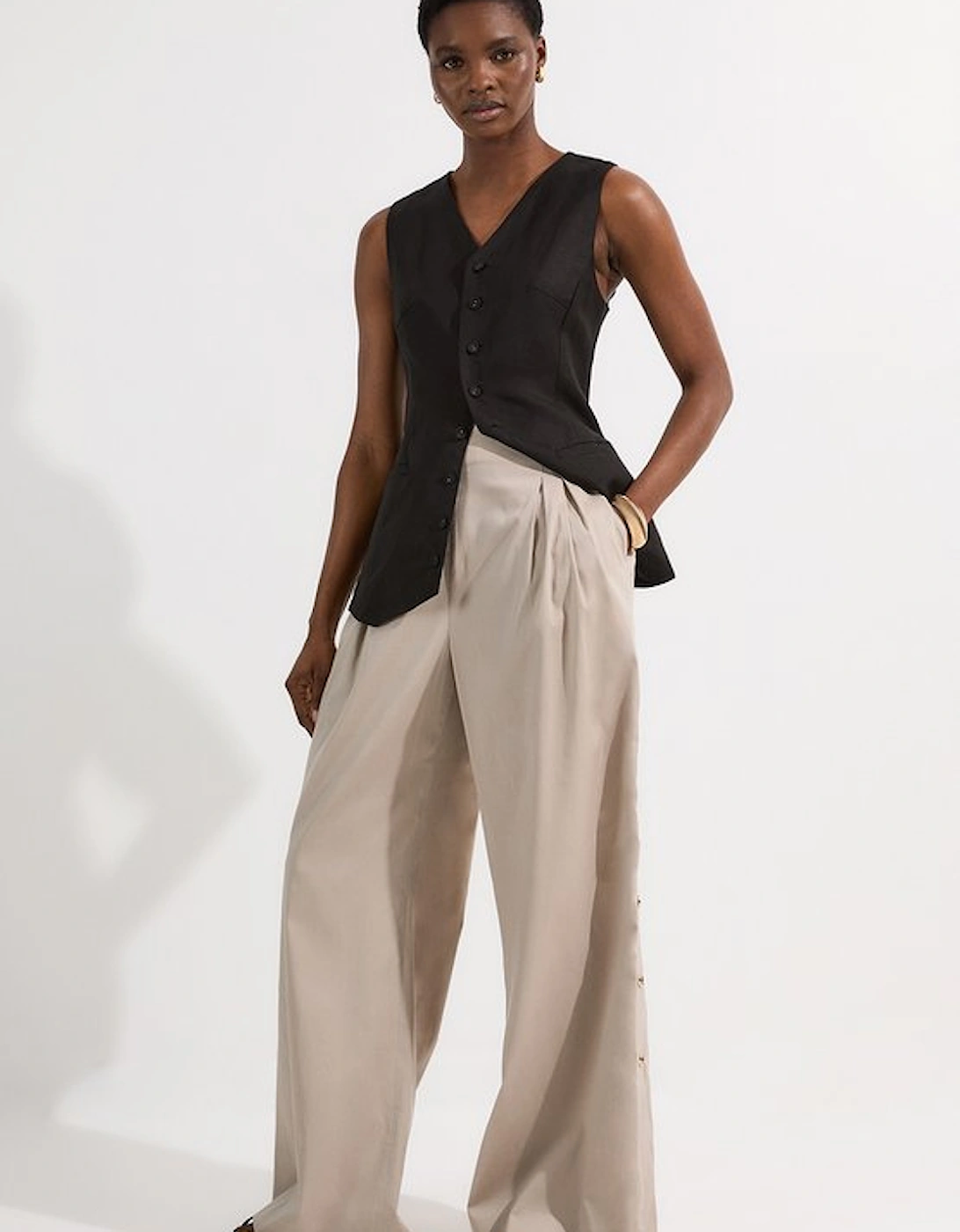 Tailored Polished Cotton Button Side Wide Leg Trousers, 5 of 4