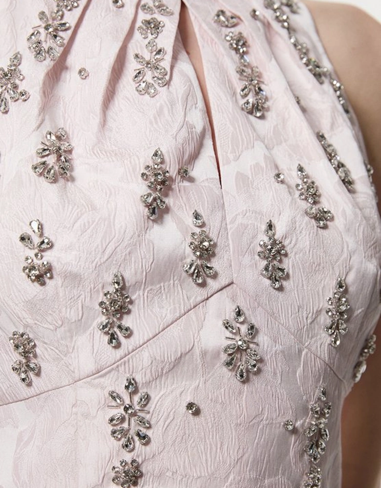 Texture Jacquard Crystal Embellished High Neck Woven Mini Dress