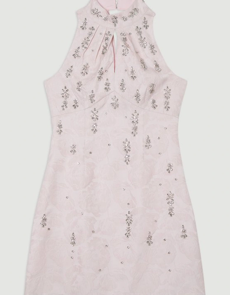 Texture Jacquard Crystal Embellished High Neck Woven Mini Dress