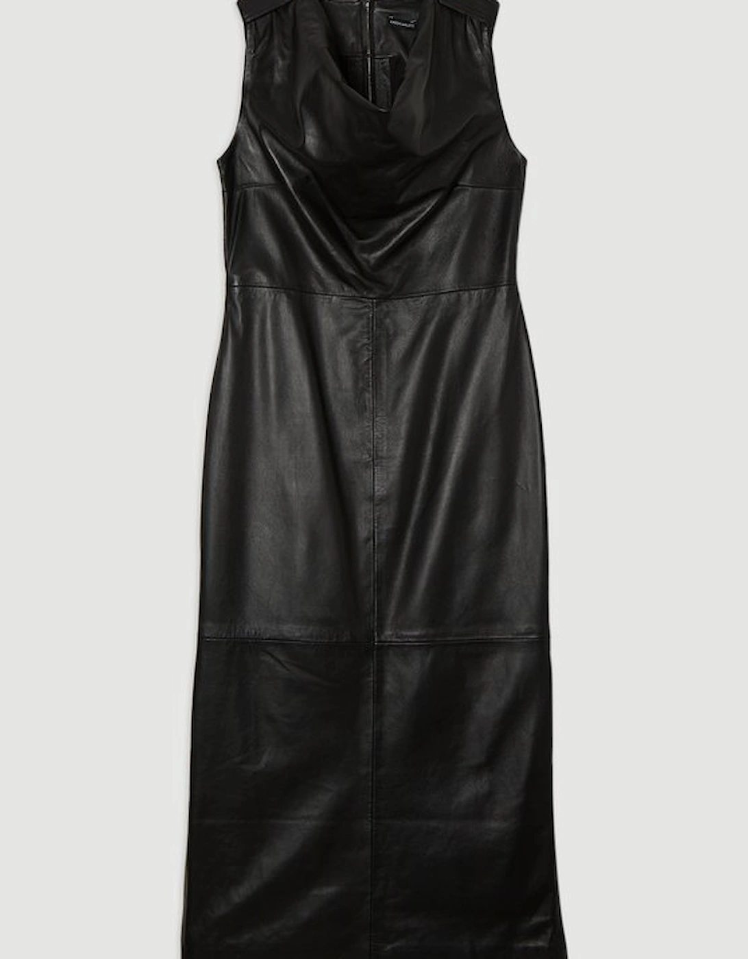 Leather Cowl Neck Drape Pencil Midi Dress