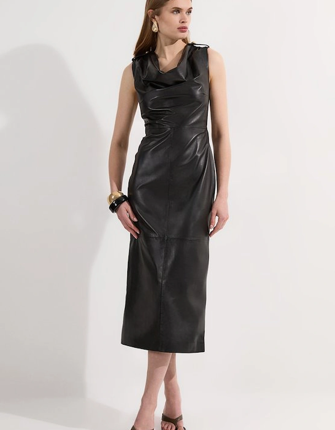 Leather Cowl Neck Drape Pencil Midi Dress, 5 of 4