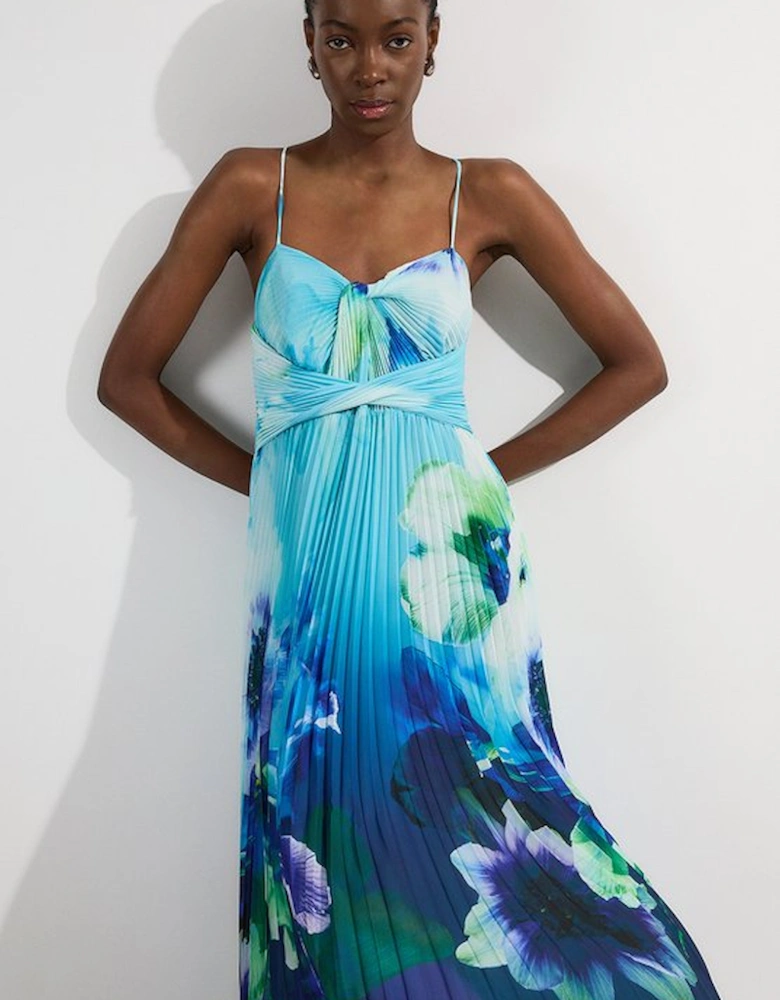 Ombre Floral Soft Pleated Woven Strappy Maxi Dress