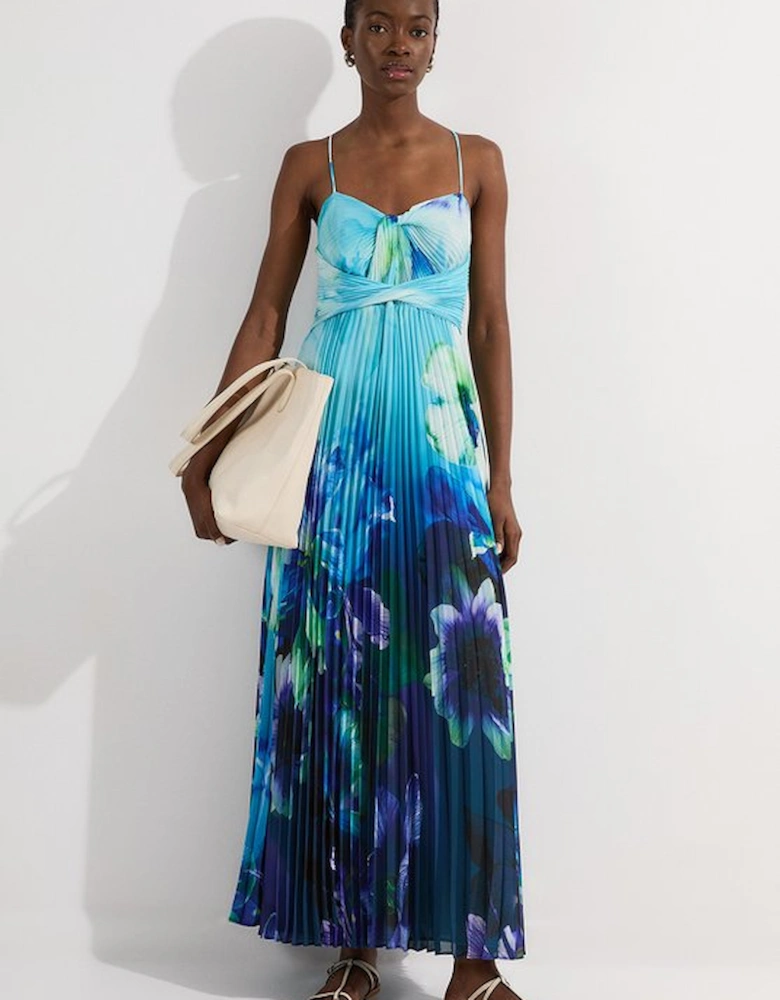 Ombre Floral Soft Pleated Woven Strappy Maxi Dress