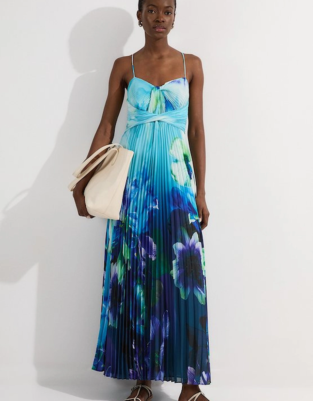 Ombre Floral Soft Pleated Woven Strappy Maxi Dress