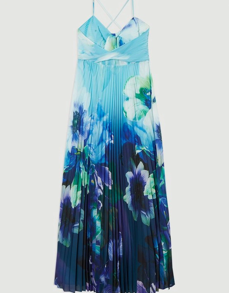 Ombre Floral Soft Pleated Woven Strappy Maxi Dress