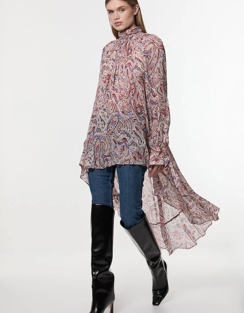 Petite Viscose Crinkle Paisley Frill Detail Tunic