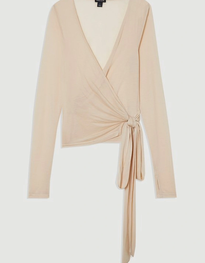 Tencel Jersey Wrap Detail Plunge Neck Long Sleeve Top