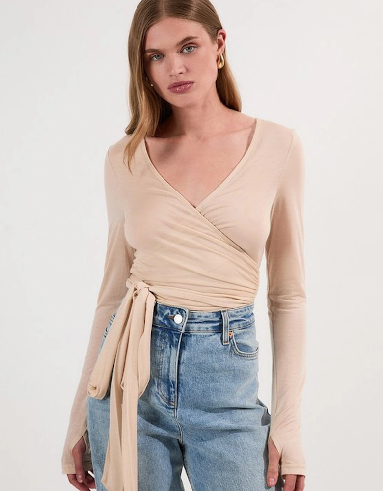 Tencel Jersey Wrap Detail Plunge Neck Long Sleeve Top