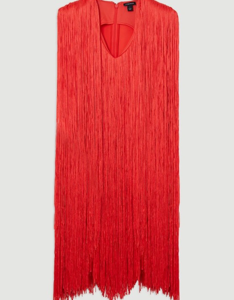 Petite Figure Form Bandage Knit V Neck Fringe Mini Dress