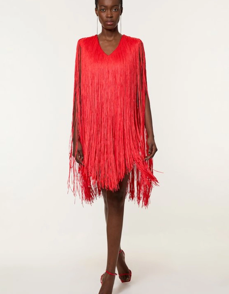 Petite Figure Form Bandage Knit V Neck Fringe Mini Dress