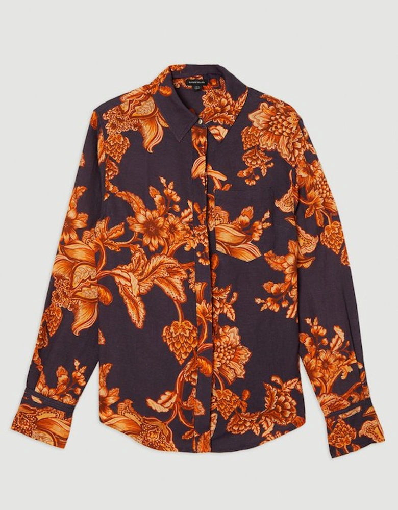 Floral Viscose Linen Woven Long Sleeve Shirt