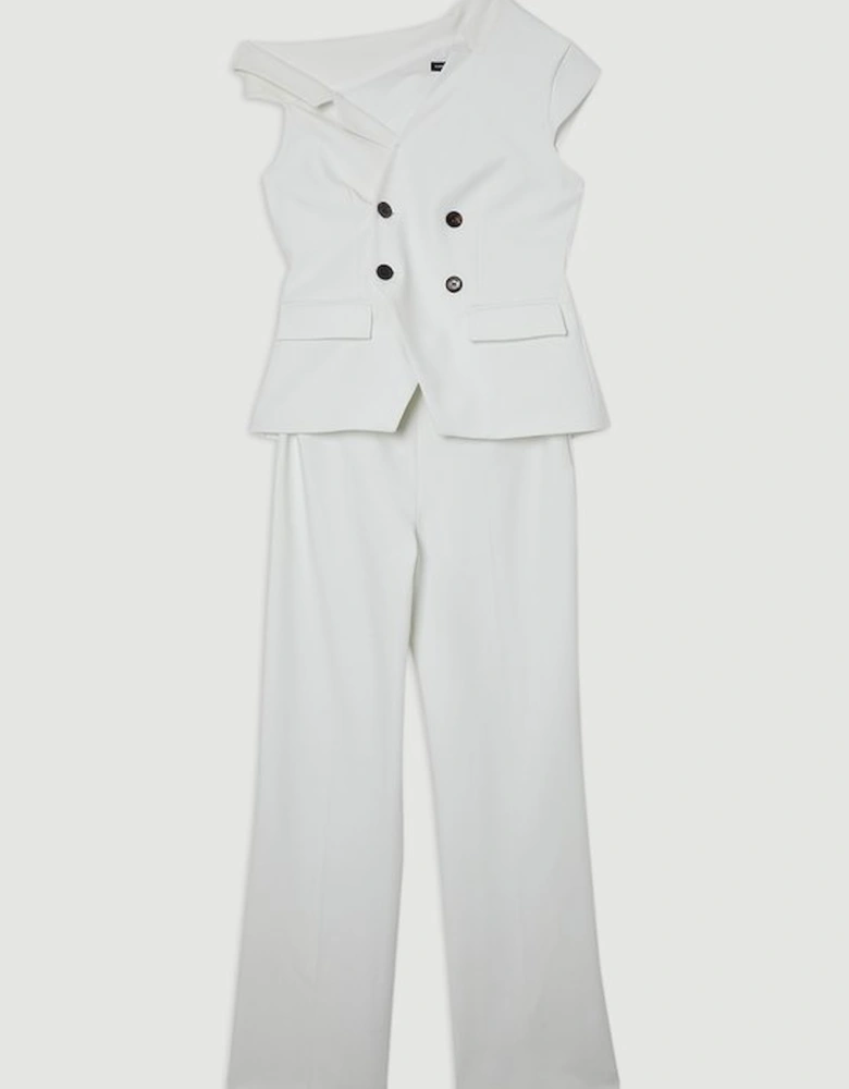 Compact Stretch Asymmetric Collar Wide Leg Tailored Jumpsuit