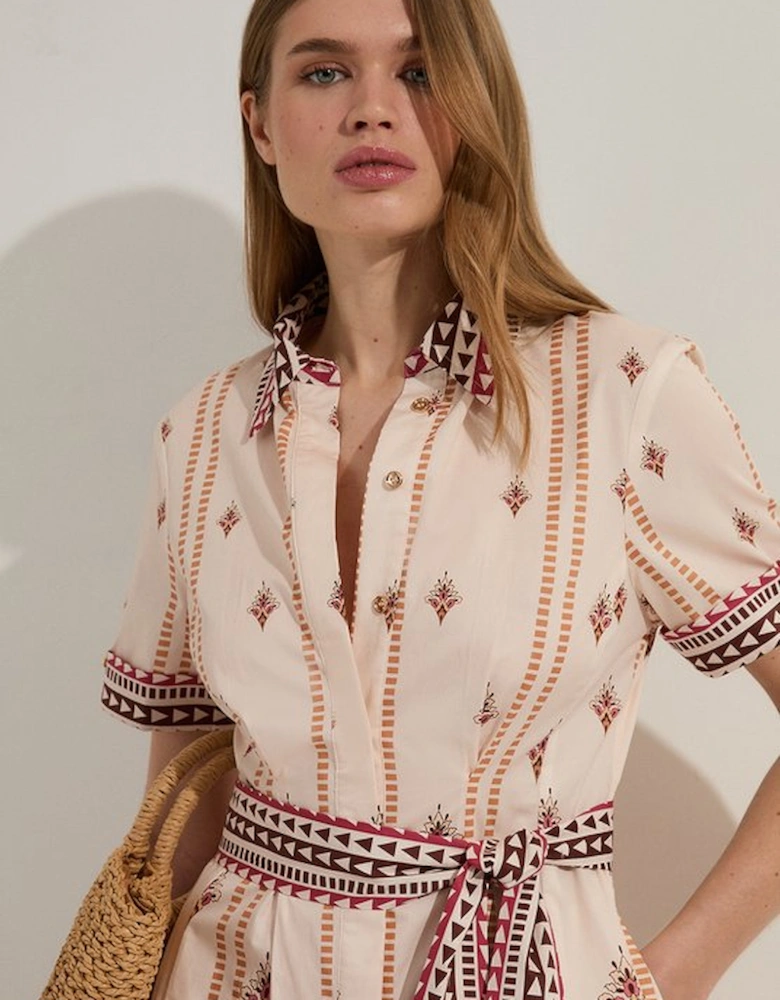 Cotton Sateen Placed Print Woven Midi Shirt Dress