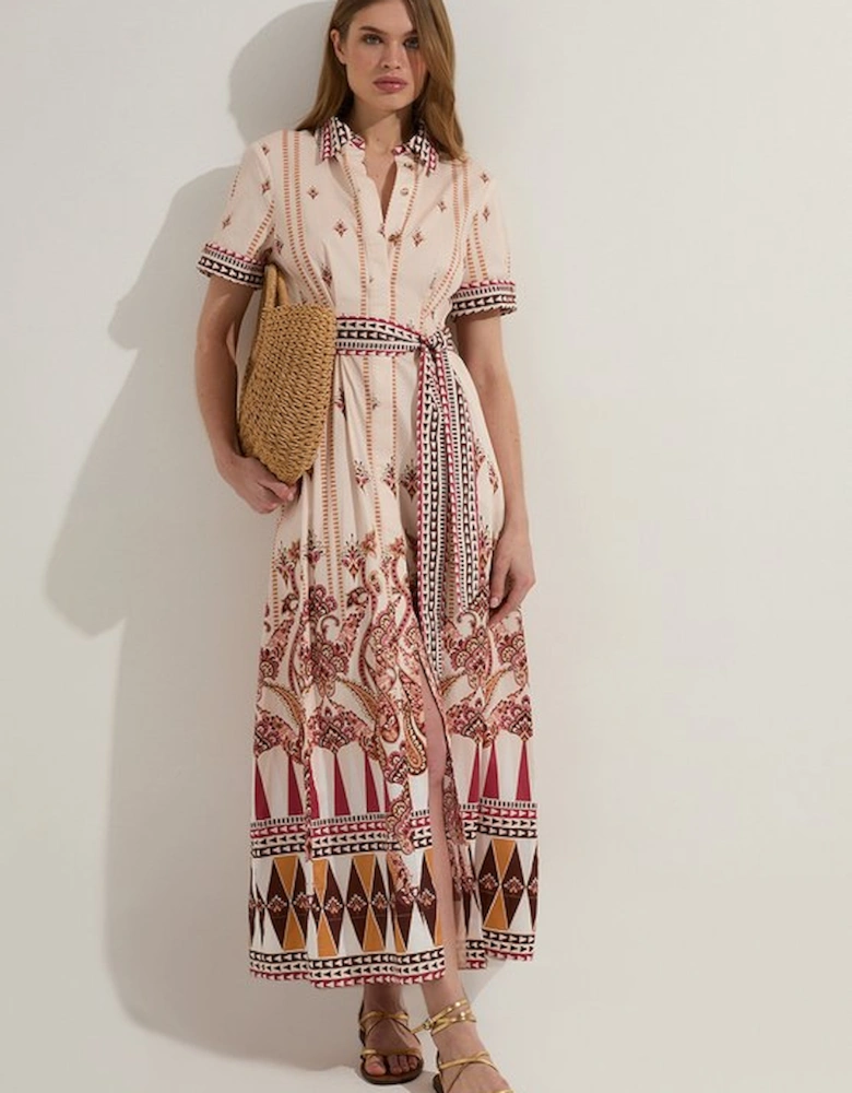 Cotton Sateen Placed Print Woven Midi Shirt Dress