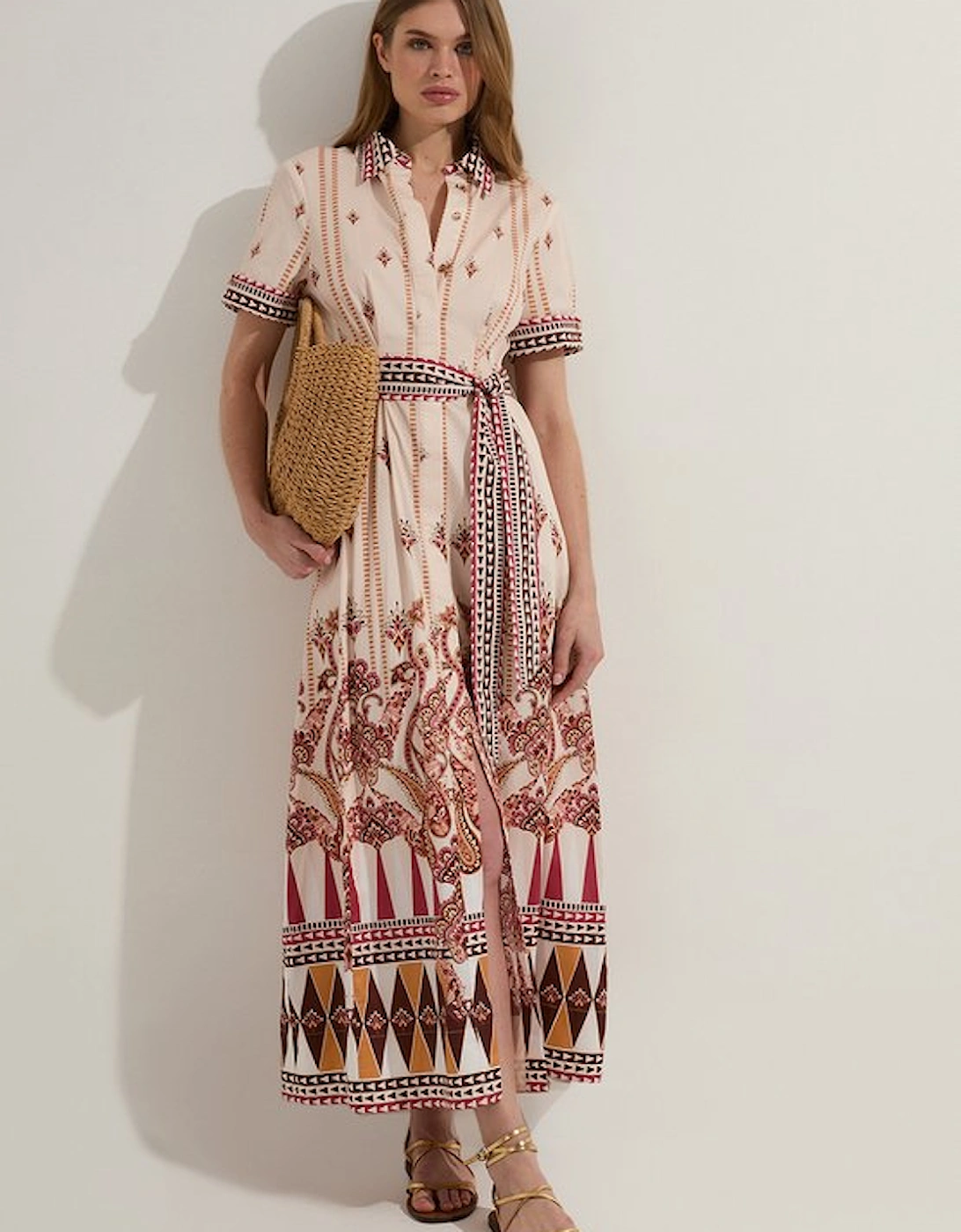 Cotton Sateen Placed Print Woven Midi Shirt Dress, 5 of 4