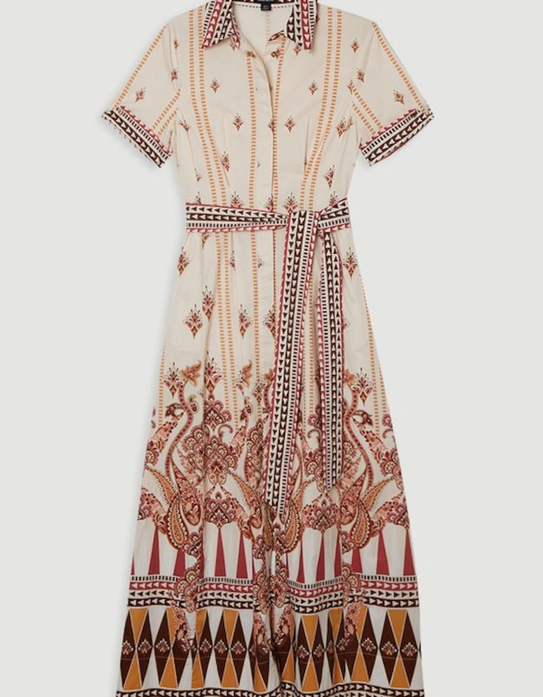 Cotton Sateen Placed Print Woven Midi Shirt Dress