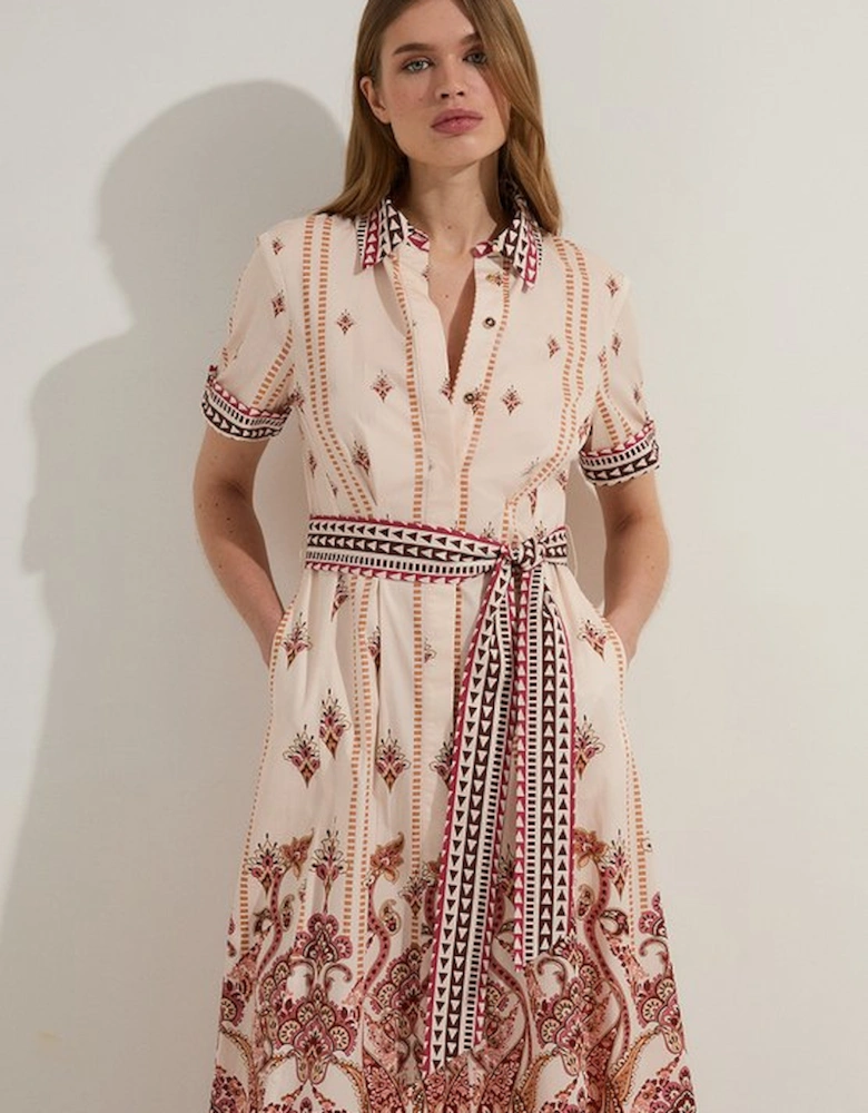 Cotton Sateen Placed Print Woven Midi Shirt Dress