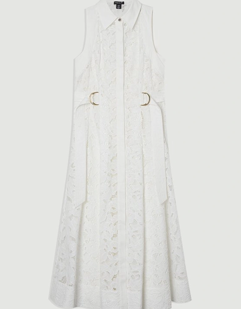 Cutwork Topstitch Halter Woven Midi Dress With Gold D Ring Detail