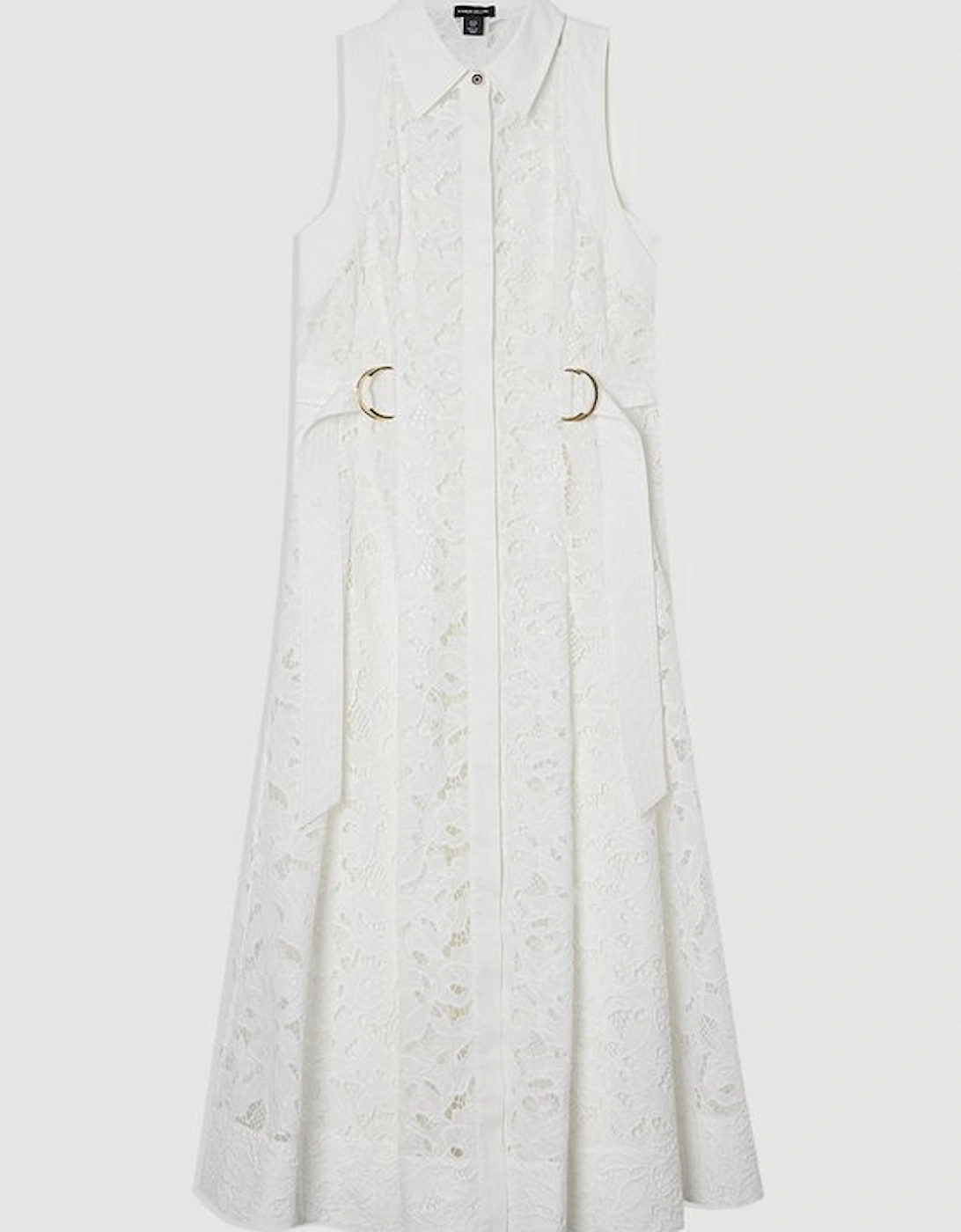 Cutwork Topstitch Halter Woven Midi Dress With Gold D Ring Detail